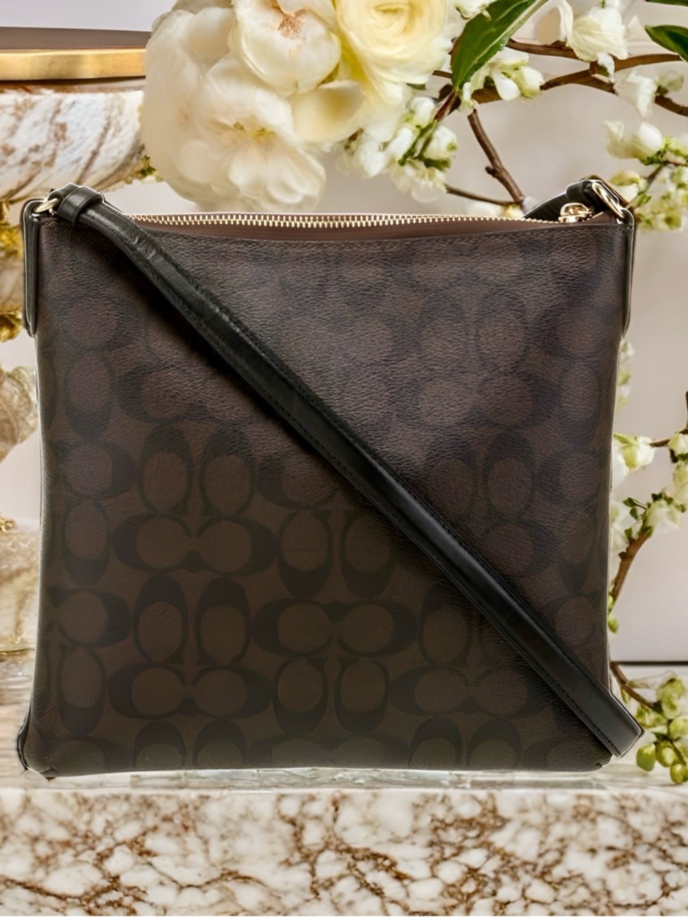COACH Brown/Black Mini Rowan File Bag Signature Canvas Crossbody - Picture 2 of 6